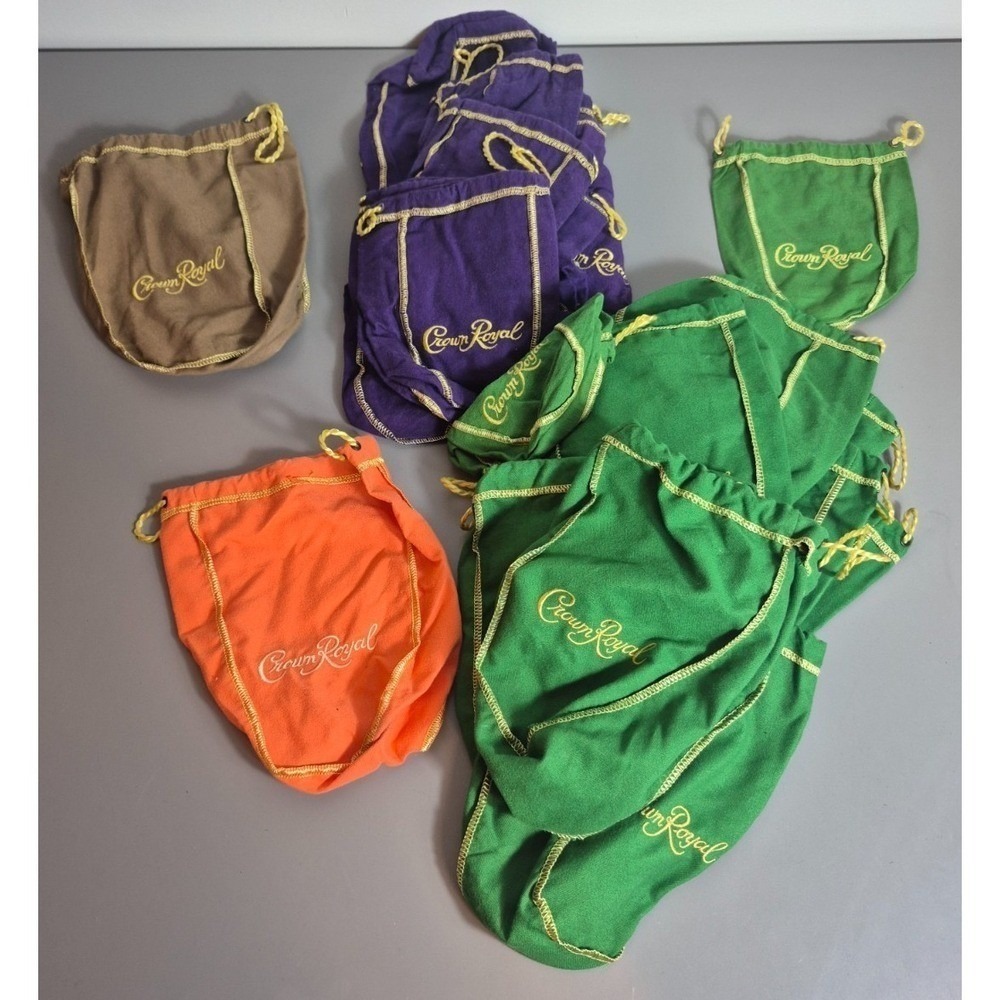 Crown Royal Bag Lot - Drawstring - 23 Bags Peach Brown Green Purple Used
